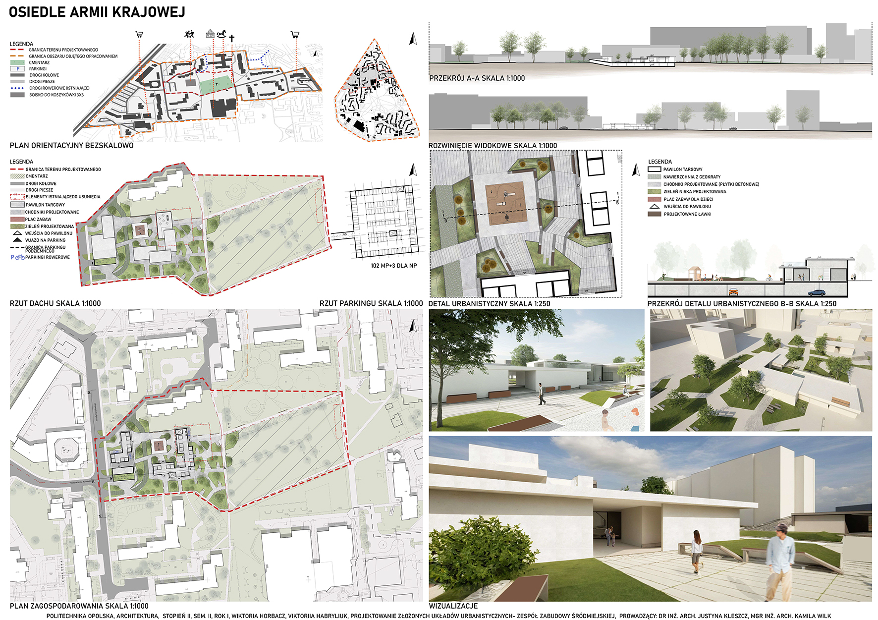 plansza ukazując możliwe realizacje architektoniczne na osiedlu, rysunki techniczne, wizualizacje koncepcji
