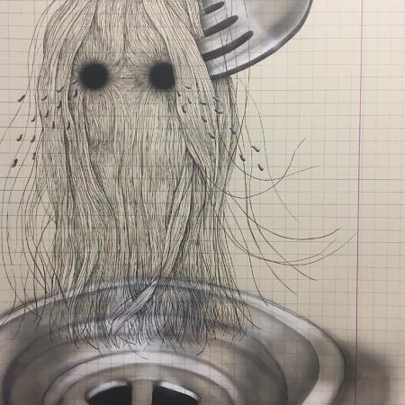 „Nie płacz, nie płacz kochaniutki wśród kanałów życie cięższe jest”, 2020 cienkopis, tusz, aerograf na papierze 