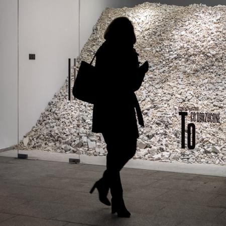 zdjęcie ukazuje witrynową galerię aneks, widok na instalację artystyczną złożoną z usypanych fragmentów łupnia i kawałków marmuru, patrzy się na to osoba