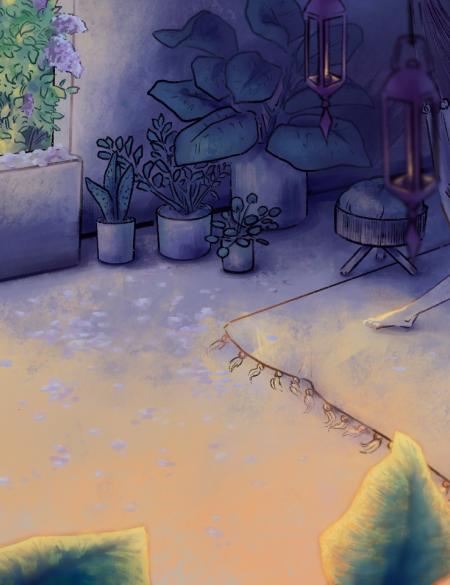 praca Karoliny Saletnik, grafika w odcieniach fioletów, bajkowe wnętrze 