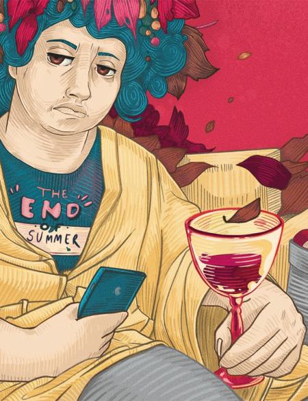 grafika Patrycji Kostyry, postać z kieliszkiem wina, otoczenie mieszkania, abstrakcyjne kolory