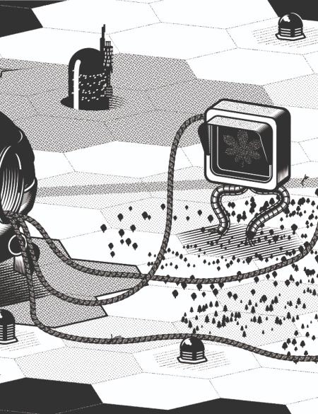 grafika_ŁukaszRozanski, przedstawia robota i telewizory, czarno-białe. 