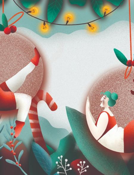 ilustracja wielobarwna, dwie postaci siedzące wewnątrz bombki choinkowej. świąteczny klimat otoczenia.