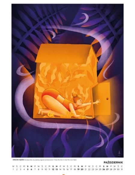ilustracja z kalendarza na październik, rysunek domu, postać kobiety leży na podłodze. efekt parującego ciepła, granatowe tło