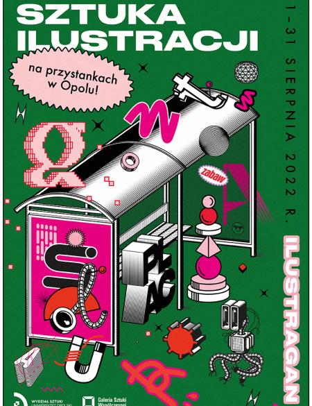 baner z ilustracją przedstawiająca wiatę przystankową oraz napisy: Ilustragan, Plac zabaw, Sztuka ilustracji na przystankach w Opolu