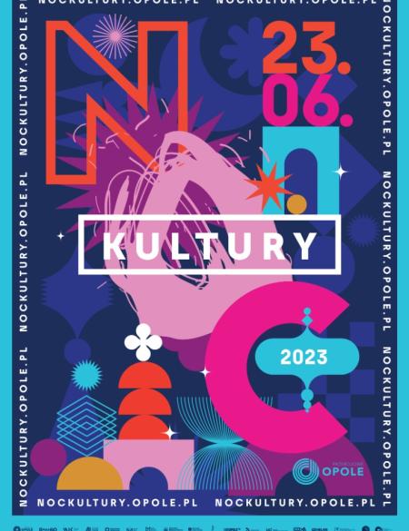 baner informacyjny, wielokolorowy w tonacji nocy, napis: noc kultury 2023, opole, 23,06,2023
