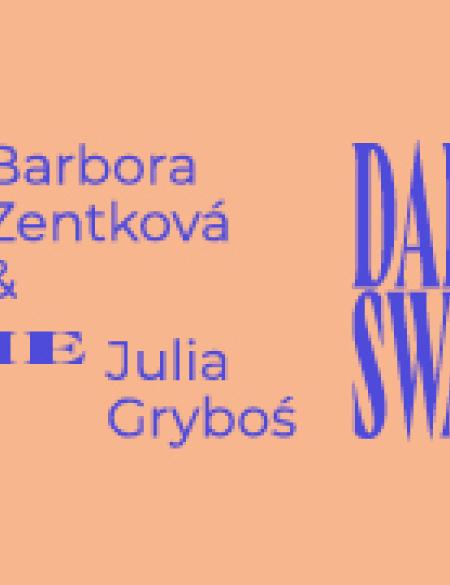 baner informacyjnt, napis spotkanie na wystawie, daliy swallowed dilema. pomarańczowe tło. 