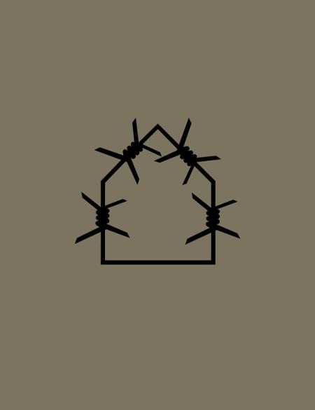 bener ukazuje drut kolczasty ułożony w schemat domu. odcienie szarości i czerni