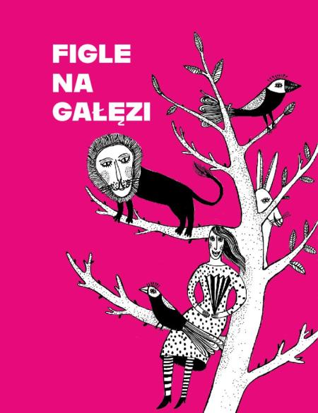 bener informacyjny, różowe tło, bały obraz ukazujący drzewo i siedzące na nim zwierzęta, napis figle na gałęzi