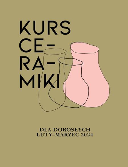baner informacyjny, napis: kurs ceramiki, brązowe tło, zarys naczyń wykonanych z gliny