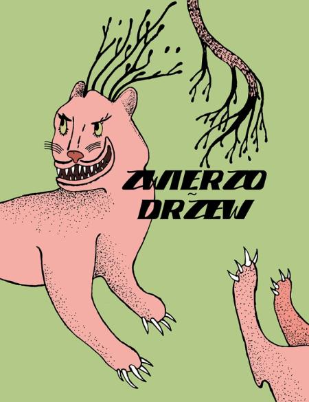 banerek z rysunkiem gałęzi i bajkowego zwierzaka. oliwkowe tło, różowe zwierzę. 