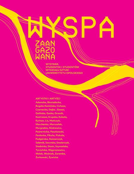 baner informacyjny, treść: Wyspa zaangażowana, nazwiska autorów, różowe tło, zarys odry w okolicach Pasieki