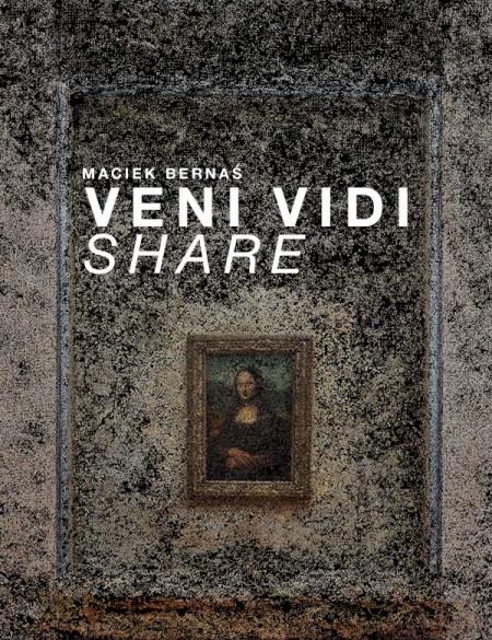 banerek informacyjny z napisem veni, vidi, share, maciek bernaś, szare tło, sugestia obrazu w ramach Leonarda Da Vinci