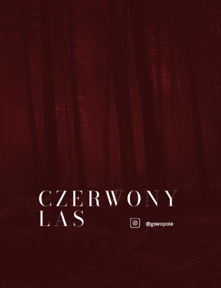 baner informacyjny o projekcie czerwony las - tło bordordowe, lekko wyłaniający się las. 