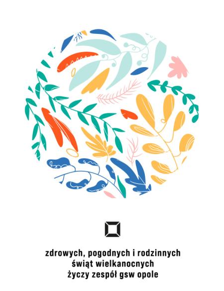 grafika ukazująca kolorowe liście splecione w kulę, napis zdrowych i rodzinnych świąt życzy załoga gsw