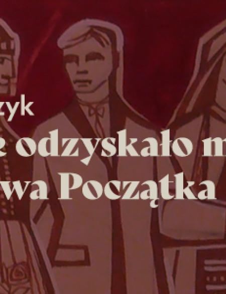 baner informacyjny, napis jak opole odzykało malowidło władysława początka, w tle zarys postaci - reprodukcja malowidła autora. 