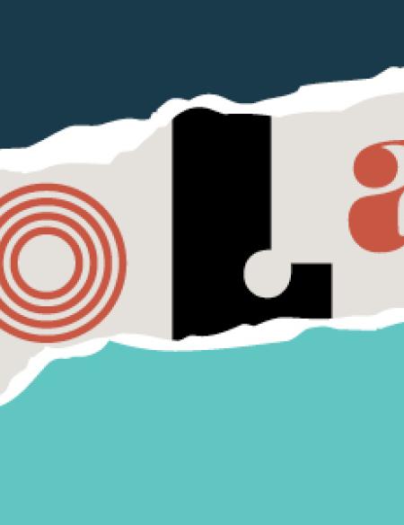 napis kolaż na szaro-biało-błękitnym tle, sugestia wycinanki z gazety. 