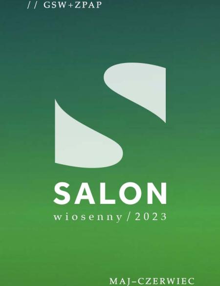 baner informacyjny o wystawie Salon Wiosenny 2023, zielone tło, napis tytuł wystawy.