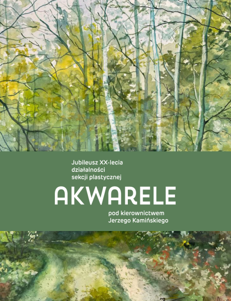 grafika ukazująca reprodukcję akwareli ukazującej brzozy i las jesienią, napis akwarele, wystawa