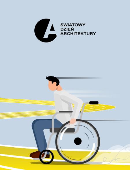 baner informacyjny: osoba na wózku inwalidzkim, zarys drogi - odcienie szarości i żółci. napis światowe dni architektury