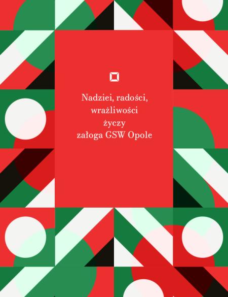 banerek w klimacie świąt, układ geometryczny figur w kolorach zieleni, czerwieni i bieli. Napis: Nadziei, radości życzy załoga Galerii