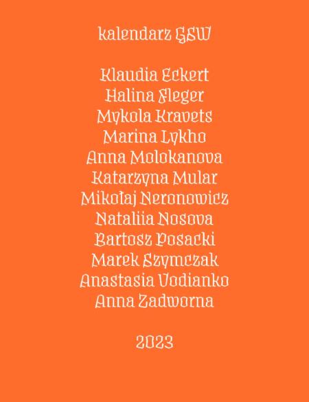 baner informacyjny, napis kalendarz 2023, wymienieni artyści tworzący wydawnictwo, pomarańczowe tło