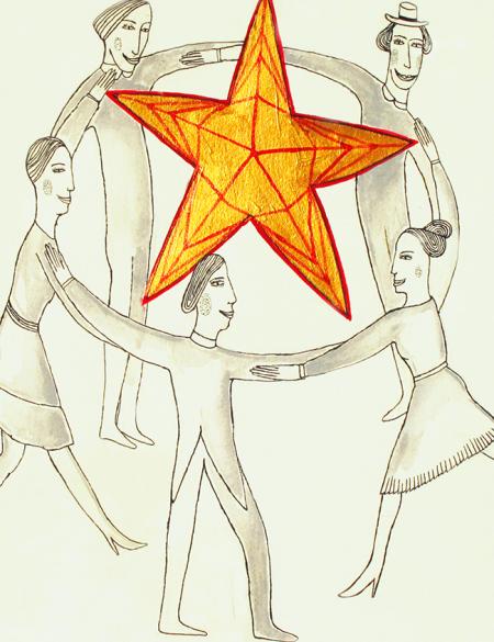 świąteczny rysunek - osoby tańczą z gwiazdą 