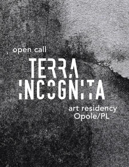 baner informacyjny, napis: terra incognita, open call, szare tło