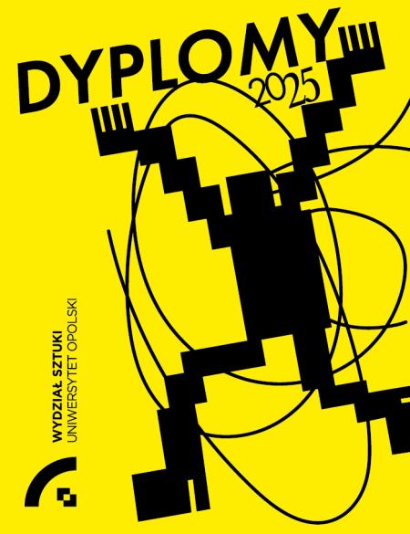 napis dyplomy 2025 na żółtym tle, uproszczona grafika przedstawiająca postać