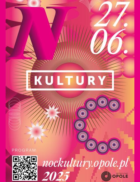 baner nocy kultury w Opolu, różowe tło, napis Noc Kultury, 27.06