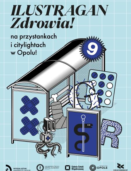 baner informacyjny, ilustracja przedstawiająca wiatę przystankową i ikony związane ze zdrowiem, napis: Ilustragan 9. Zrowia! na przystankach i citylightach w Opolu, logotypy