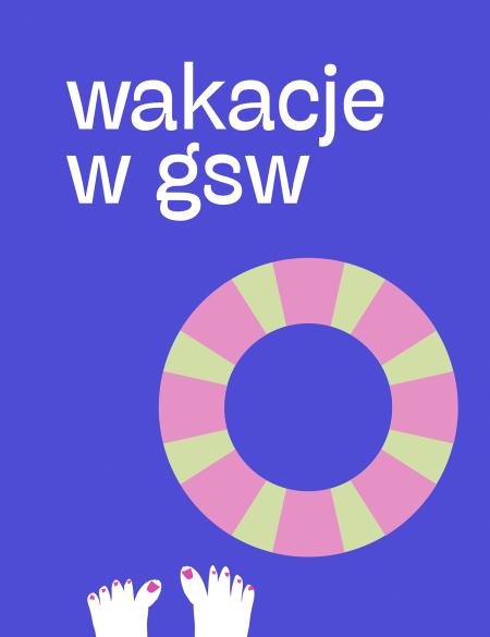 baner informacyjny, grafika ukazuje koło ratunkowe i stopy na plaży, napis: wakacje w gsw