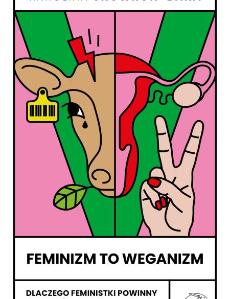 okładka książki, feminizm to weganizm, rysunek krowy i znak dłonią symbolizujący wyzwolenie