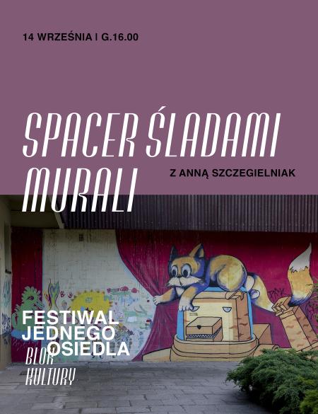 banerek informacyjny, spacer śladami murali po osiedlu, w tle mural z kotem na osiedlu zwm