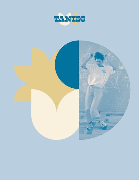 grafika z tancerką tańca współczesnego w tle, niebieskie tło, napis taniec