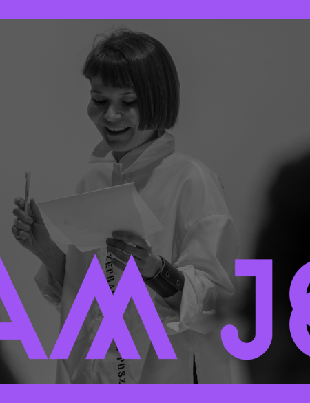 Banerek Informacyjny, napis SLAM, w tle widok osoby na scenie - zarys