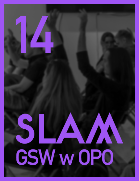 baner informacyjny, napis slam jest 14, w tle widok na salę pełną ludzi