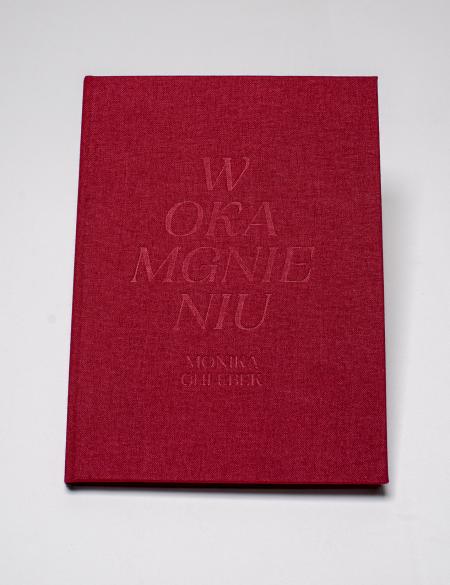 zdjęcie okładki katalogu wystawy w okamgnieniu, wytłoczenie tytułu na czerwonym tle