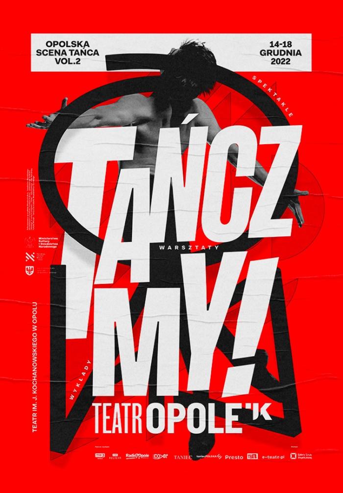 baner opolskiej sceny tańca - czerwony baner z postacią w ruchu i napisem tańczmy