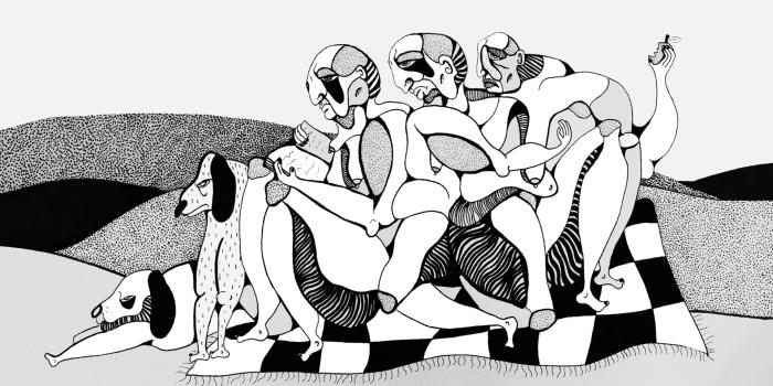 ilustracja M. Bukała, obraz czarno-biały, postaci i zwierzęta stłoczone na środku kompozycji.