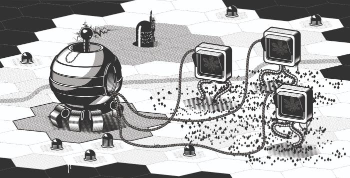 grafika_ŁukaszRozanski, przedstawia robota i telewizory, czarno-białe. 