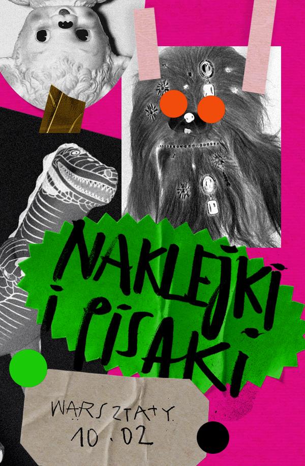 baner informcyjny, napis naklejki i pisaki. w tle kolaż kolorów oraz wycinków z gazet.