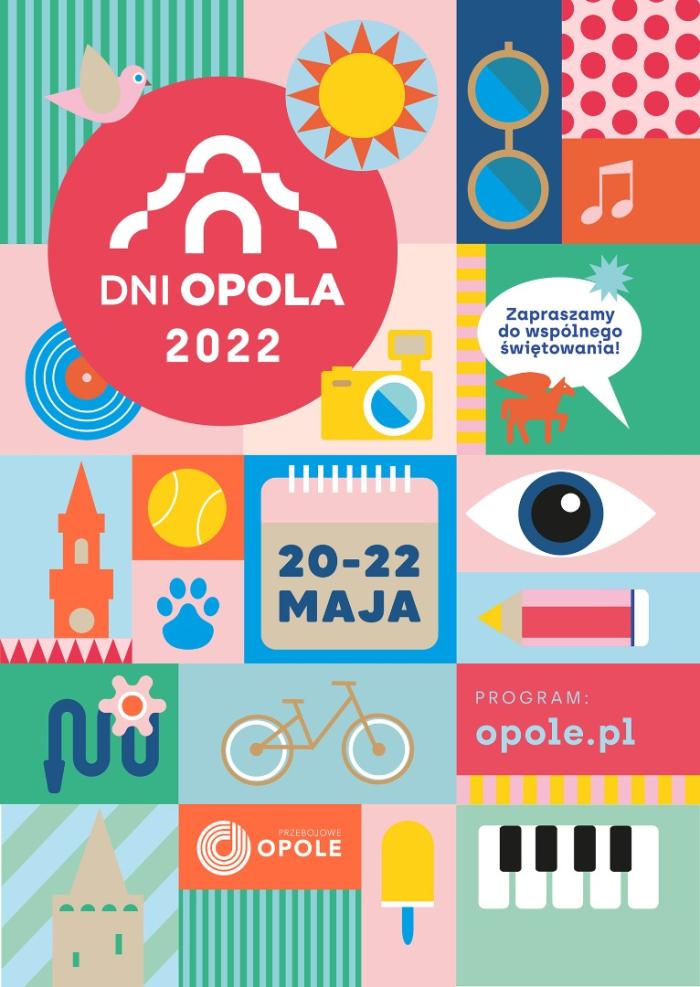 baner informacyjny z napisem dni opola, motyw graficzny - kolorowa architektura opola, wieloelementowa kompozycja abstrakcyjna