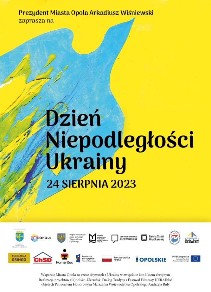 bener informacyjny, niebisko - żółte tło, napis dzień niepodległości ukrainy, 24.08.2023. 