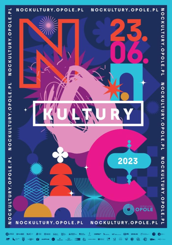 baner informacyjny, wielokolorowy w tonacji nocy, napis: noc kultury 2023, opole, 23,06,2023