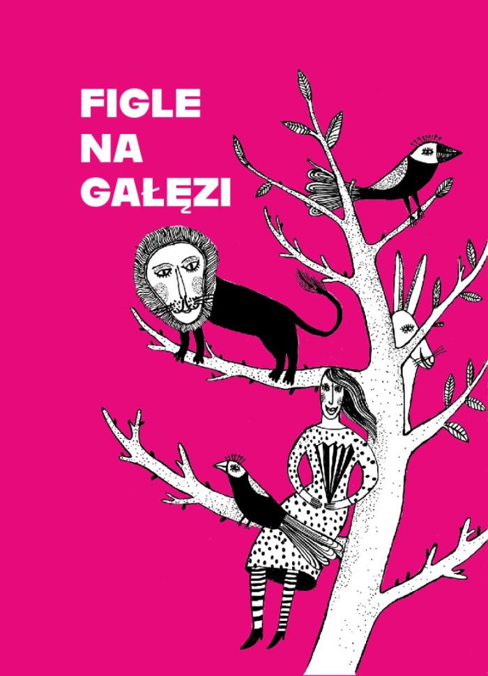 bener informacyjny, różowe tło, bały obraz ukazujący drzewo i siedzące na nim zwierzęta, napis figle na gałęzi