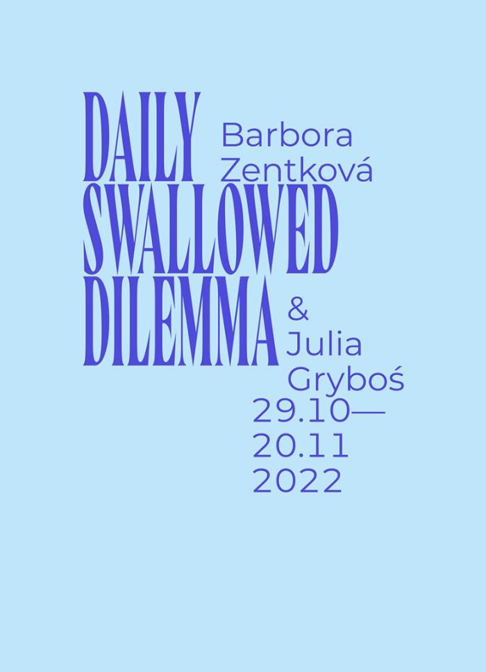banner informacyjny, tytuł wystawy Daily Swallowed Dilemma, Gryboś&Zentkowa. Niebieskie tło.