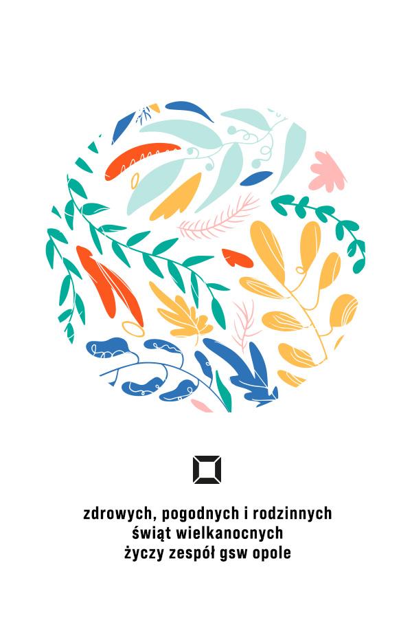 grafika ukazująca kolorowe liście splecione w kulę, napis zdrowych i rodzinnych świąt życzy załoga gsw