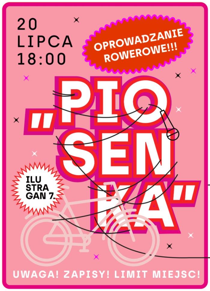 różowy baner z napisem ILUSTRAGAN 7. Piosenka - oprowadzanie rowerowe