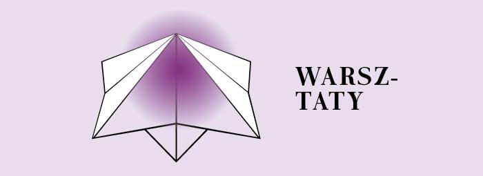 baner informacyjny, napis warsztaty, fioletowe tło, motyw papierowej układanki